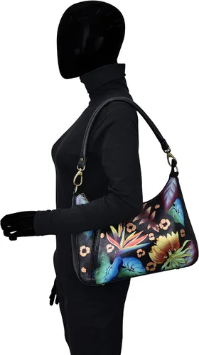 Vista 3 de Anna by Anuschka Hobo grande con cremallera superior de cuero genuino pintado a mano para mujer