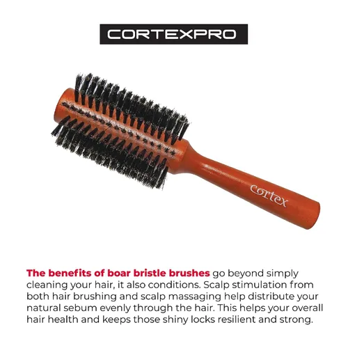 Vista 5 de Cortex Professional Cepillo térmico de cerdas de jabalí 100% natural, cepillo redondo para mujeres y hombres de pelo corto, mango de cepillos