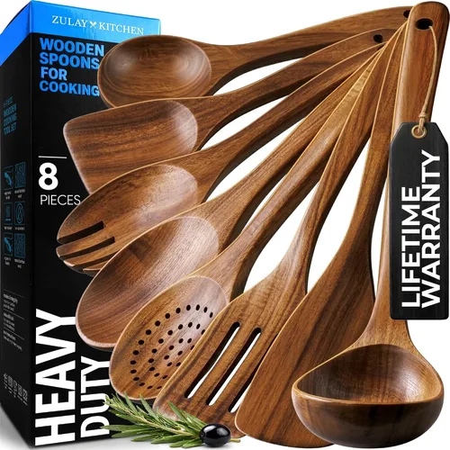 Vista 15 de Zulay Kitchen Juego de 5 cucharas de madera extragrandes - Utensilios de cocina de teca lisa - Cucharón, espátula, espumadera, tenedor, cuchara