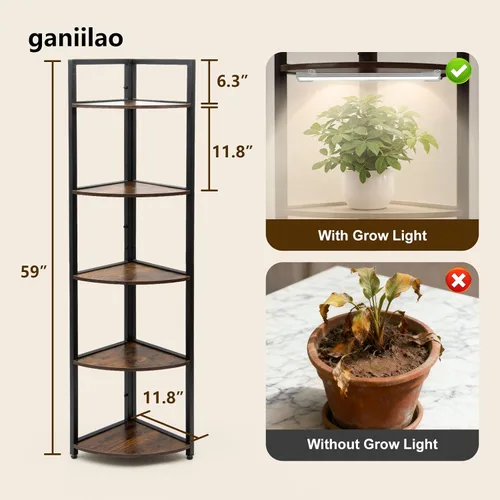 Vista 6 de Soporte de esquina para plantas con estante de luz de crecimiento, soporte para plantas de 59 pulgadas de alto, soporte para flores de 59 pulgadas