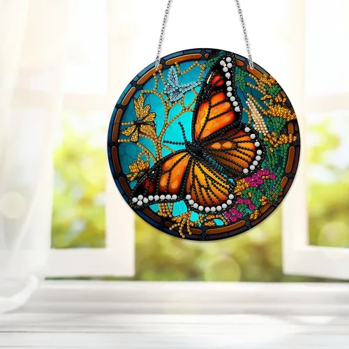 Vista 8 de LUSandy Kit de pintura de diamante de mariposa 5D para bricolaje, letrero de arte de pared, diseño de mariposa, diamante, atrapasoles, adorno