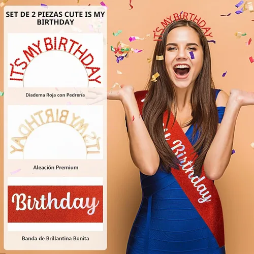 Vista 5 de It's My Birthday - Juego de bandas de princesa, diadema roja, tiara y accesorios para mujeres y niñas, fiesta feliz