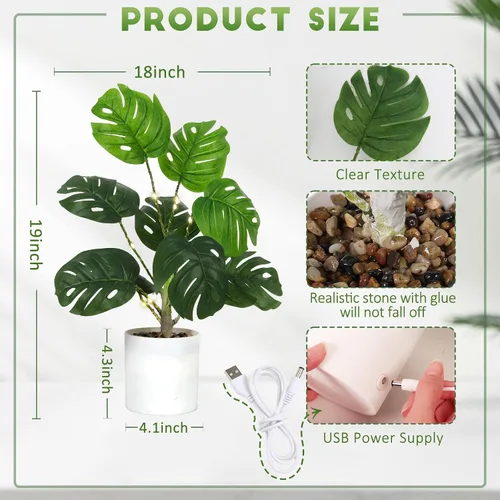 Vista 3 de RECUTMS Plantas falsas altas de 18 pulgadas con luz artificial Monstera planta palmera tropical en maceta blanca de imitación vegetación en maceta