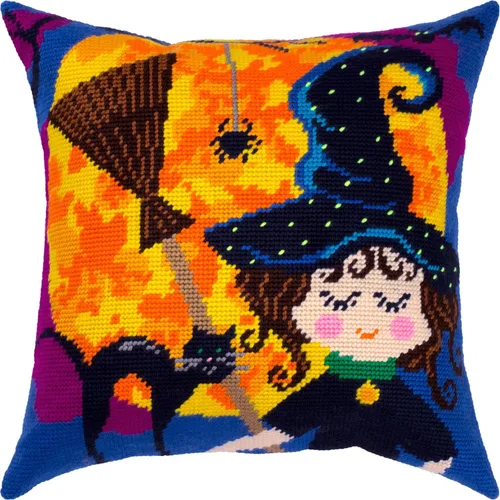 Vista 5 de Brvsk Kit de punto de aguja de otoño para adultos y principiantes - Gato de Halloween de 16 x 16 pulgadas con diseño impreso claro y preciso