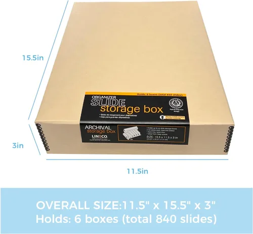 Vista 2 de Lineco, Caja de almacenamiento de diapositivas de archivo, 15.5 x 11.5 x 3 pulgadas, con 6 fundas interiores, color marrón Acid-Free Metal Edge