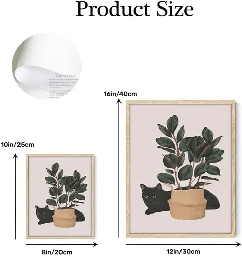 Vista 7 de 6 piezas de arte botánico de pared con diseño de gato negro, hojas verdes, plantas y plantas bohemias, arte de pared minimalista, impresiones