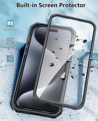 Vista 3 de FNTCASE Funda para iPhone 15-Pro-Max de 6.7 pulgadas, protector de pantalla integrado, soporte y clip para cinturón, resistente protección a prueba