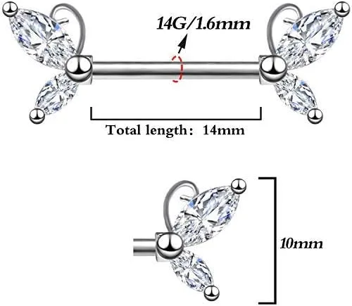Vista 5 de CHARM ONLINE 2PCS 14G 316L Stainless Steel Clear Butterfly CZ Nipple Rings Barbell Crystal Nipple Piercings Jewelry for Women