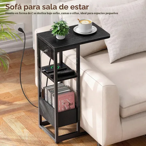 Vista 4 de Mesa auxiliar en forma de C con estación de carga, mesa lateral pequeña para sofá reclinable, mesas de aperitivos deslizables debajo del sofá