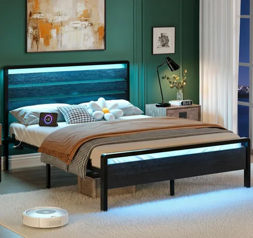 Vista 19 de VINGLI Base de cama de plataforma individual con cabecero y estribo LED, estación de carga USB, cama de panel de metal con espacio de almacenamiento