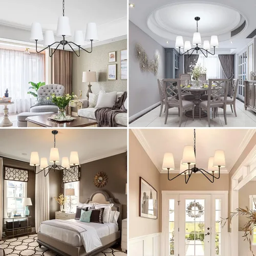 Vista 8 de Candelabro moderno de 5 luces de 30 pulgadas con pantallas blancas, lámpara colgante clásica para comedor, lámpara negra con base E12 lámpara