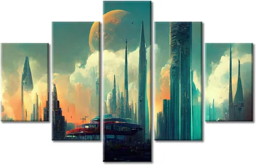 Vista 69 de Cuadros de 5 paneles de Cyberpunk City, arte de pared, representación de vallas publicitarias, edificios modernos en la capital con obras de arte