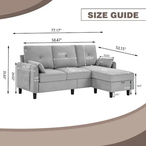 Vista 2 de Sofá modular convertible, sofá pequeño de 3 plazas en forma de L de 77 pulgadas con diván de almacenamiento reversible, sofá moderno de tela