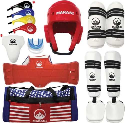 Vista 7 de Artes marciales Taekwondo Sparring Gear Equipo Set Headgear Shin Instep Brazo Pecho Bolsa de protección bucal Azul