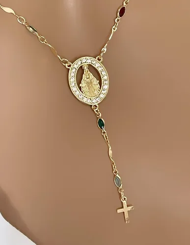 Vista 8 de Rosario Lariat Y Collar Delicado Cruz Colorida Cadena De Cristal