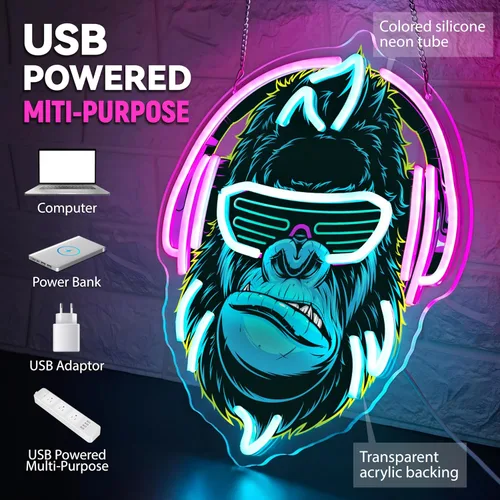 Vista 5 de Letrero de neón de gorila con auriculares, señal de neón de Kong regulable, luz de neón LED para decoración de pared, sala de juegos, cueva