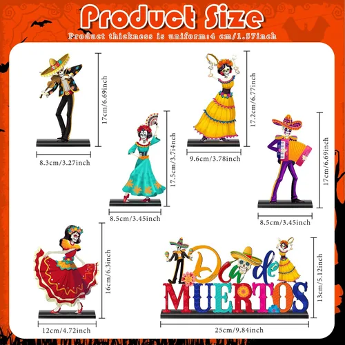 Vista 2 de Barydat 6 piezas de decoración de mesa del Día de los Muertos, decoración de madera de calavera de azúcar para parejas, centros de mesa