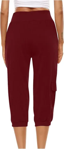 Vista 7 de Stessotudo Pantalones deportivos para mujer, cintura alta, con cordón, pantalones capri sólidos con bolsillos, pierna recortada, pantalones de lino