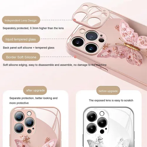 Vista 4 de Funda de vidrio con patrón de mariposa 3D plana compatible con iPhone, funda para teléfono con cubierta de vidrio con patrón de mariposa