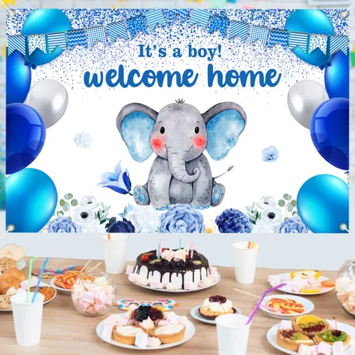 Vista 7 de Cartel de revelación de género con texto en inglés "I'm a Boy" para fiesta de baby shower, cabina de fotos, decoración de fondo de elefante azul