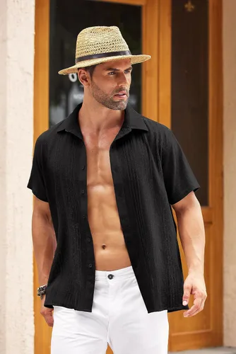 Vista 2 de COOFANDY Camisa de lino cubano para hombre, manga corta, verano, playa, guayabera