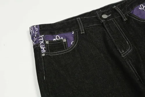 Vista 3 de Jeans bordados con bolsillo para hombre, estilo hip-hop, sueltos, rectos, ropa de calle, monopatín, pantalones holgados, color negro, 4 unidades, M