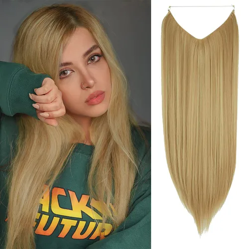 Vista 10 de Extensión de cabello rubio ceniza, rizado, largo, sintético, postizo de cabello rubio, 18 pulgadas, 4.2 oz, con diadema de alambre invisible