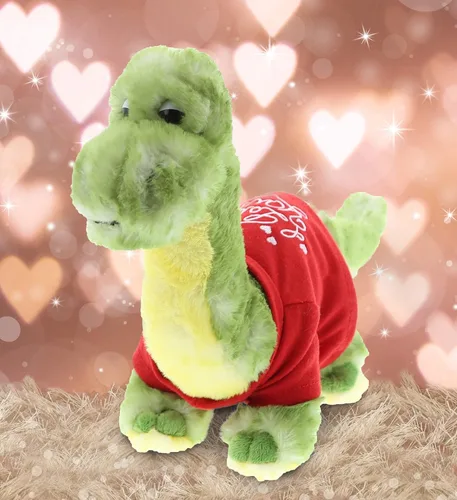 Vista 5 de DolliBu Peluche de dinosaurio verde I Love You, lindo animal de peluche con camisa roja y nombre personalizado para San Valentín, 10 pulgadas