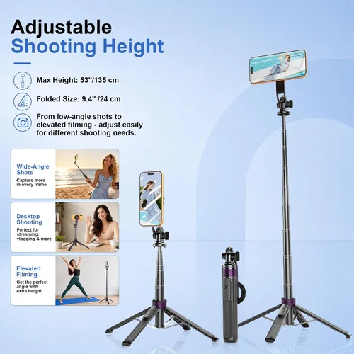 Vista 5 de Trípode magnético 4 en 1 para iPhone con tornillo de 1/4 pulgadas, trípode MagSafe Selfie Stick de 53 pulgadas con control remoto inalámbrico