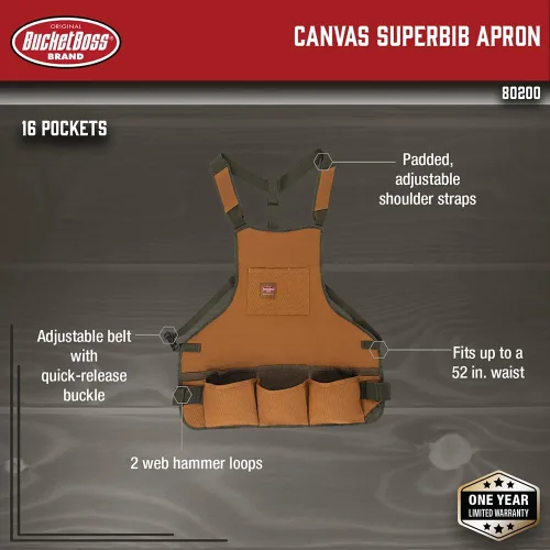 Vista 2 de Bolsa de herramientas Bucket Boss para hombres, ajustable, bolsa de herramientas de trabajo, marrón, 16 bolsillos EE. UU
