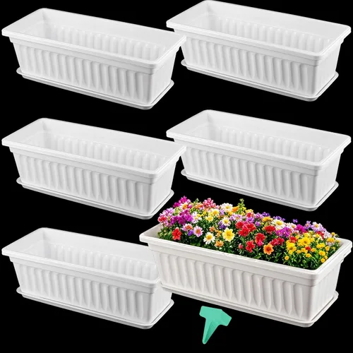 Vista 9 de Paquete de 6 cajas de flores de 17 pulgadas, macetas de plástico para verduras largas con bandeja, maceta negra para alféizar de ventana, patio
