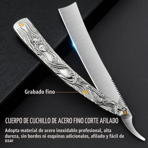 Vista 3 de Maquinilla de afeitar recta profesional con primera capa de piel de vacuno – Maquinilla de afeitar de peluquería de borde recto de acero inoxidable