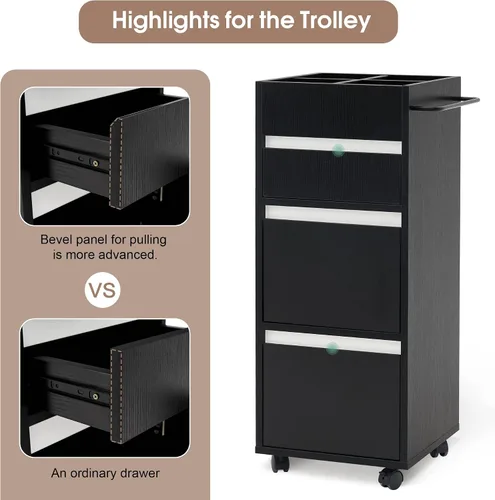 Vista 4 de BarberPub Carrito de salón con cajones, carrito de peluquería, gabinete de almacenamiento, organizador de belleza, equipo de spa 2039 (negro)