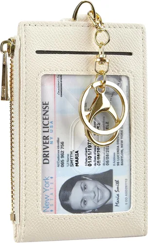 Vista 12 de Tarjetero de cuero para mujer, con bloqueo RFID, delgado y pequeño, con cremallera, llavero, bolsillo frontal, con 2 ventanas para identificación
