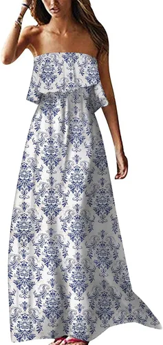 Vista 8 de ZMPSIISA Vestido largo de verano para mujer, con hombros descubiertos, sin A-flor azul