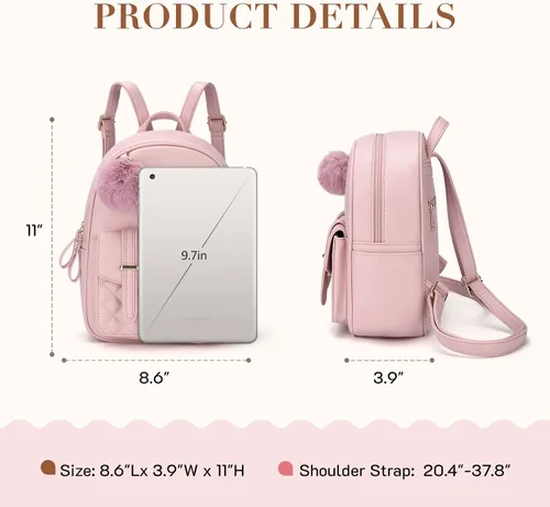 Vista 3 de Missnine Mini mochila para mujer, bonita mochila pequeña con pompón, de piel sintética, mochila pequeña casual para mujer, rosado (2-Pink)