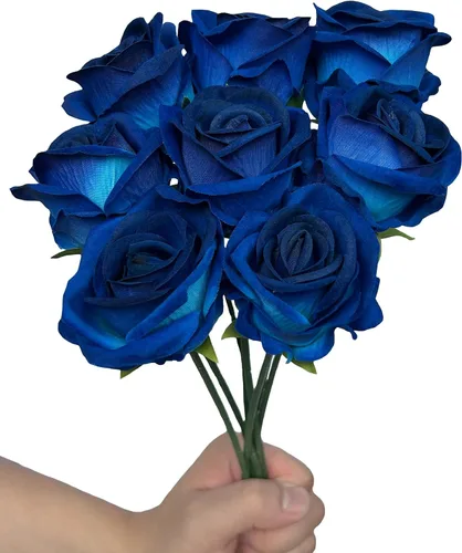 Vista 4 de FagusHome 30 piezas de rosas artificiales de seda a granel, flores falsas, cabezas de rosas con tallos para decoración del hogar y boda (azul oscuro)