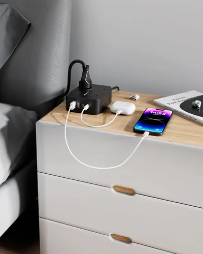 Vista 8 de Regleta protectora contra sobretensiones, enchufe plano, montaje en pared, 8 tomas anchas con 4 puertos USB (2 USB C), cable de extensión resistente