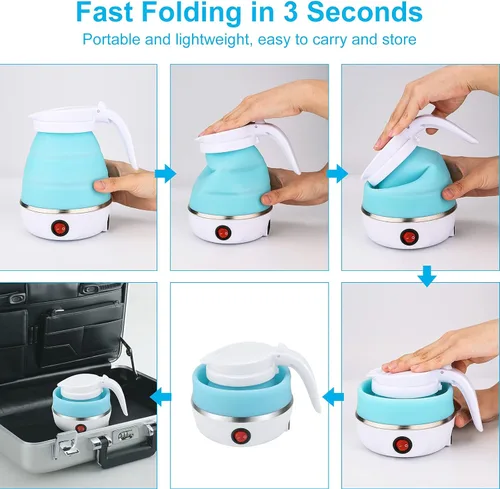 Vista 8 de Hervidor Eléctrico Portátil de Tamaño de Viaje, 600ML Pequeño Plegable para Té y Café con Tazón y Tazas Colapsables, 5 Minutos de Agua en Ebullición