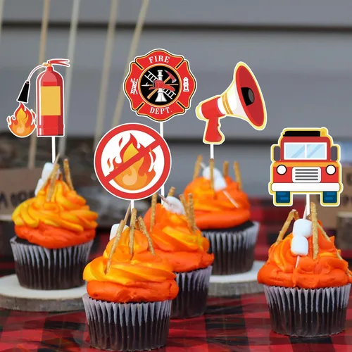 Vista 5 de Whaline 72 piezas de decoración para cupcakes con temática de bombero, 12 diseños, camión de bomberos, palillos de cupcakes, rescate de bomberos