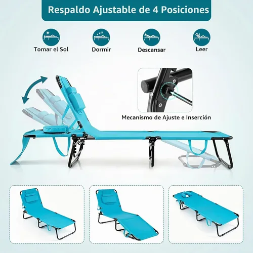 Vista 4 de GYMAX Silla de bronceado, silla de playa de 350 libras con agujero para la cara, almohada lavable y correa de transporte, tumbona plegable Ártico
