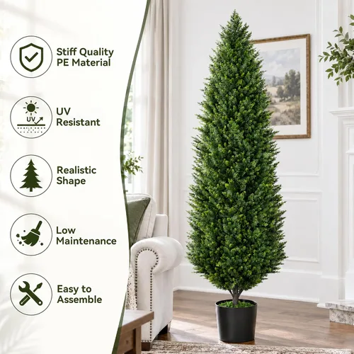 Vista 2 de Árboles topiarios artificiales de cedro de 6 pies con forma piramidal compacta, juego de 2 arbustos de pino sintético resistentes a los rayos UV