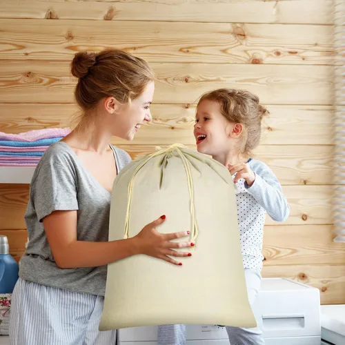Vista 4 de Remagr 4 bolsas de lona de 28 x 36 pulgadas, grandes de algodón con cordón, forro de cesta resistente, lavable, ropa sucia para el hogar