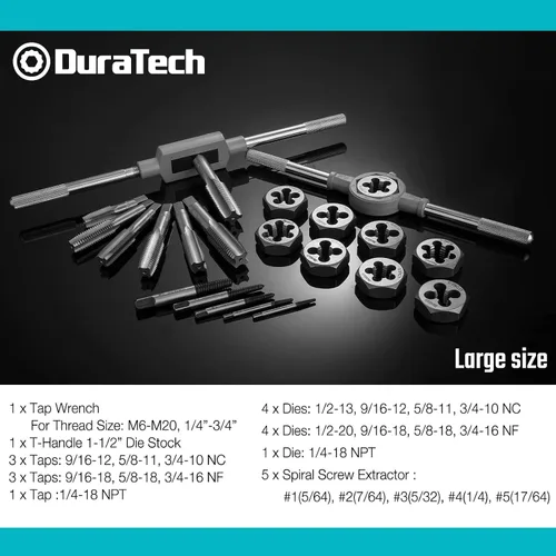 Vista 3 de DURATECH Juego de tarrajas y machuelos de gran tamaño, 23 piezas, estándar, kit de reroscado para roscas internas y externas y extractor
