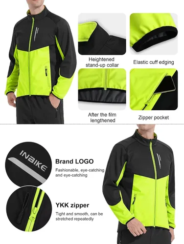 Vista 4 de INBIKE Chaqueta de ciclismo para hombre, chaqueta de ciclismo para correr, cortavientos reflectante, resistente al viento, forro polar para clima