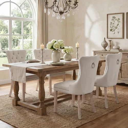 Vista 5 de SoarFlash Juego de 2 sillas de comedor de terciopelo, silla lateral de respaldo alto, silla lateral moderna tapizada de alta gama con botones Beige