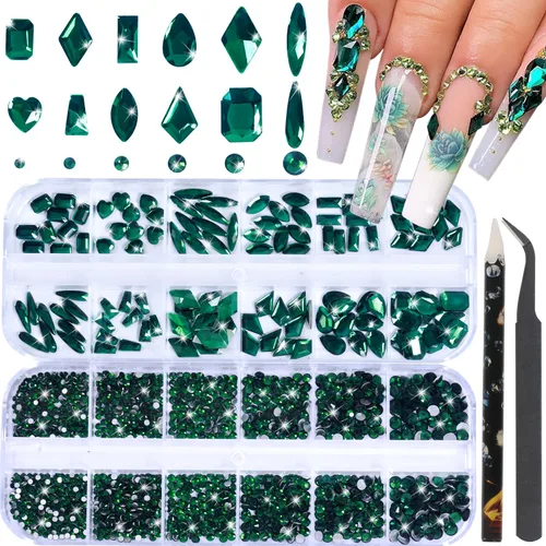 Vista 13 de Diamantes de imitación para uñas, tamaño 3D multiforma, gemas y dijes de cristal AB para uñas, parte trasera plana, con kit para arte de uñas