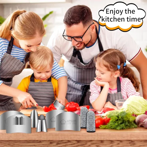 Vista 6 de Jupswan 8 protectores de dedos para cortar herramienta de cocina, protector de dedos de acero inoxidable para evitar dañar al cortar y cortar