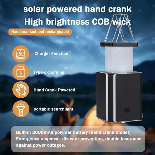 Vista 2 de Linterna solar LED recargable de emergencia, recargable solar blanca, tipo C recargable, generación de energía de manivela de luces de emergencia