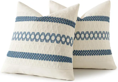 Vista 8 de MIULEE Fundas de almohada lumbares decorativas bohemias, cojín de algodón retro, tejido rustico de macramé para el hogar para cama, sofá, silla, Azul